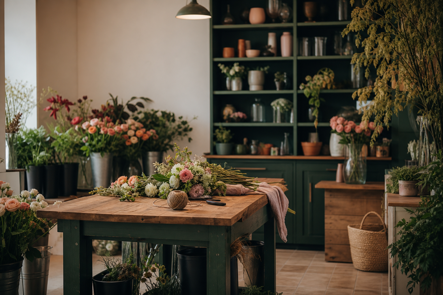 Eelvaatefoto lillepoe floristilauast, värsketest lilledest ja rohelistest riiulitest